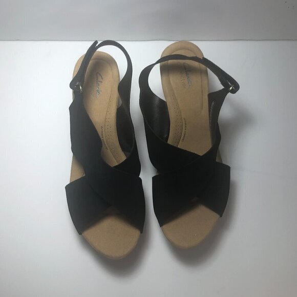 CLARKS Annadel Eirwyn Wedge Sandals Women's Size 11 Black Slingback Leather - Picture 5 of 14
